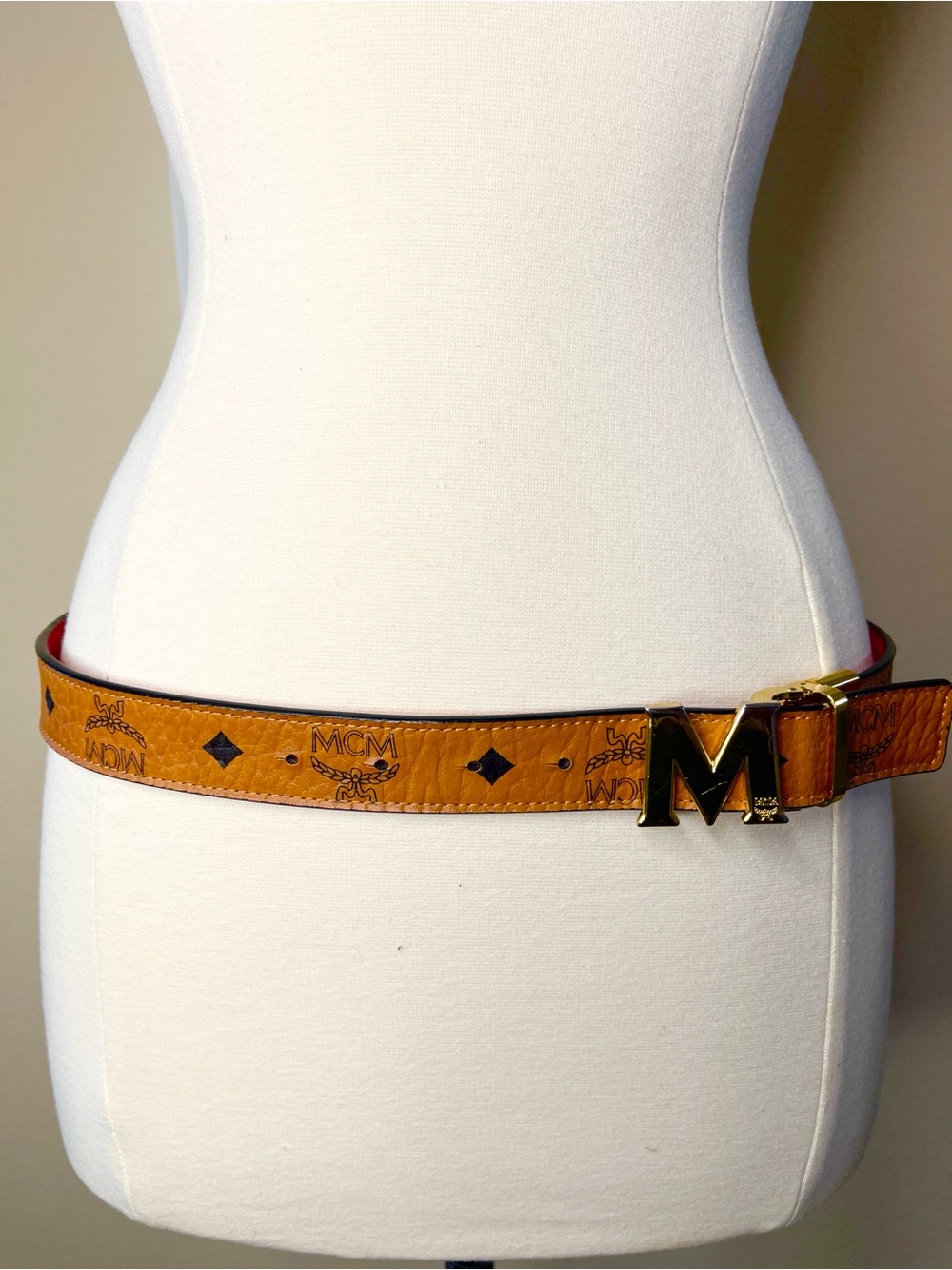 MCM reversible Cognac Monogram & red Leather Belt with Gold M Buckle